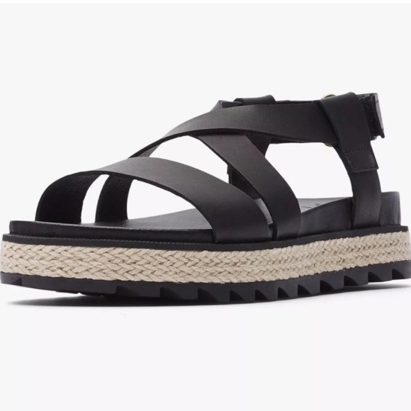 Sorel Roaming Criss Cross Sandals Jute Black Leather Size 8 Espadrille Summer - Picture 1 of 10